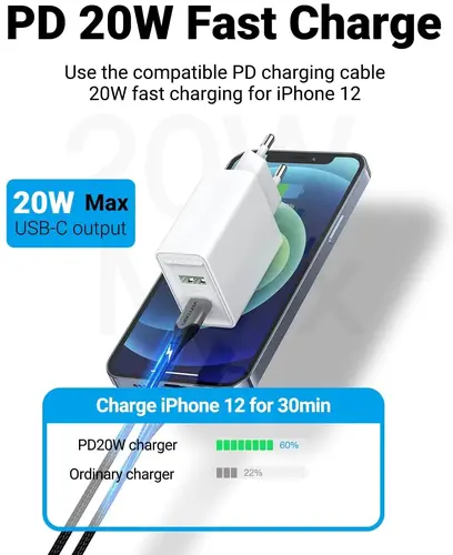Vention бързо зарядно Fast Charger Wall - QC4.0, PD Type-C + QC3.0 USB A, 20W White - FBBW0 - image 4