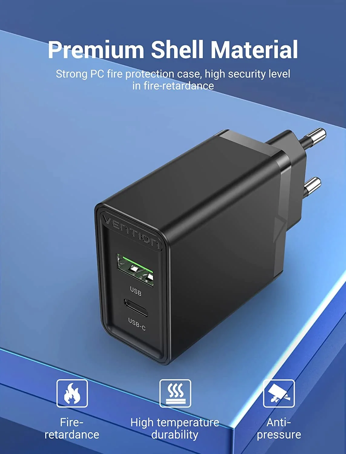 Vention бързо зарядно Fast Charger Wall - QC4.0, PD Type-C + QC3.0 USB A, 20W Black - FBBB0 - image 3