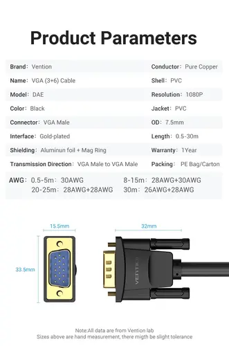 Vention Καλώδιο οθόνης VGA HD15 M / M 1.5m επιχρυσωμένο, 2 φερρίτες - DAEBG - 12