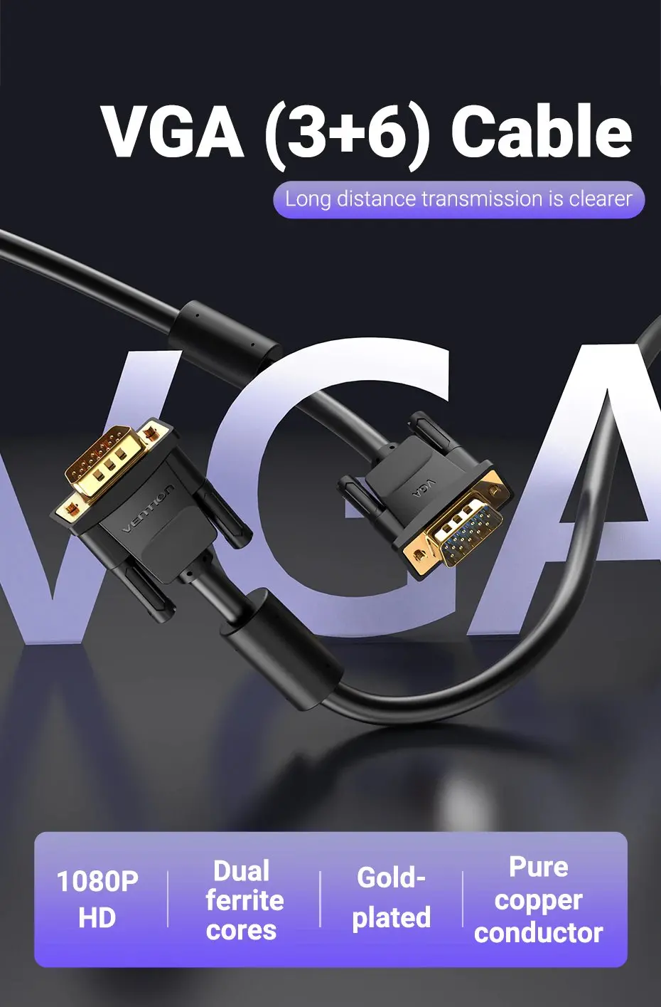 Vention Cablu pentru monitor Cable VGA HD15 M / M 1.0m placat cu aur, 2 ferite - DAEBF - image 3
