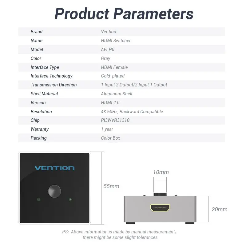 Vention Разклонител превключвател HDMI 2.0 Switcher/Splitter 2-Port Bi-Direction - Grey Aluminium - AFLH0 - image 13