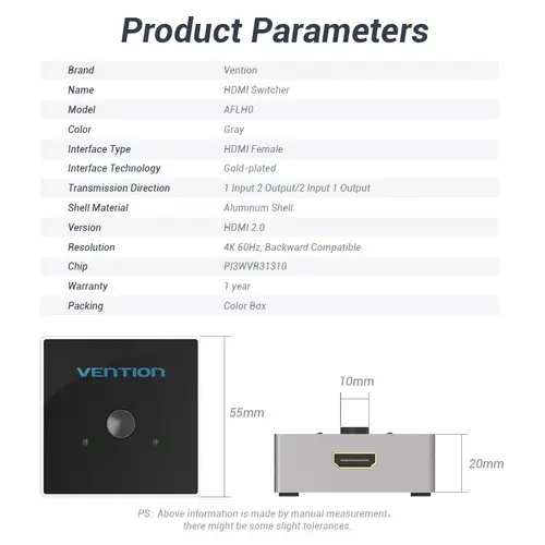 Vention Разклонител превключвател HDMI 2.0 Switcher/Splitter 2-Port Bi-Direction - Grey Aluminium - AFLH0 - image 13
