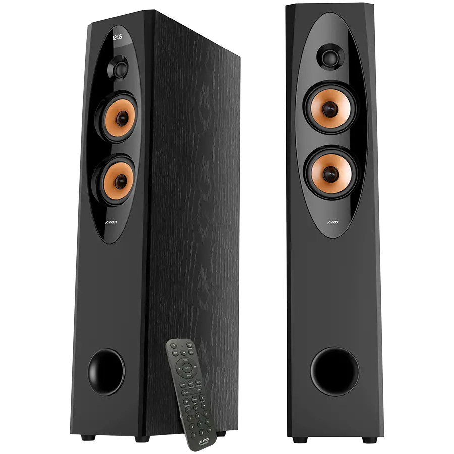 FENDA F&D T-60X PRO 2.0 Floorstanding Speakers, 120W RMS ( 60Wx2), 1'' Tweeter + 4'' Speakers x2 + 8'' Subwoofer for each channel, BT 5.3/Optical/COAXIAL/AUX/USB/Karaoke function/LED Display/Remote control/Microphone/Wooden, Touch buttons, Black