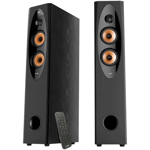 F&D T-60X PRO 2.0 Floorstanding Speakers, 120W RMS ( 60Wx2), 1'' Tweeter + 4'' Speakers x2 + 8'' Subwoofer for each channel, BT 5.3/Optical/COAXIAL/AUX/USB/Karaoke function/LED Display/Remote control/Microphone/Wooden, Touch buttons, Black