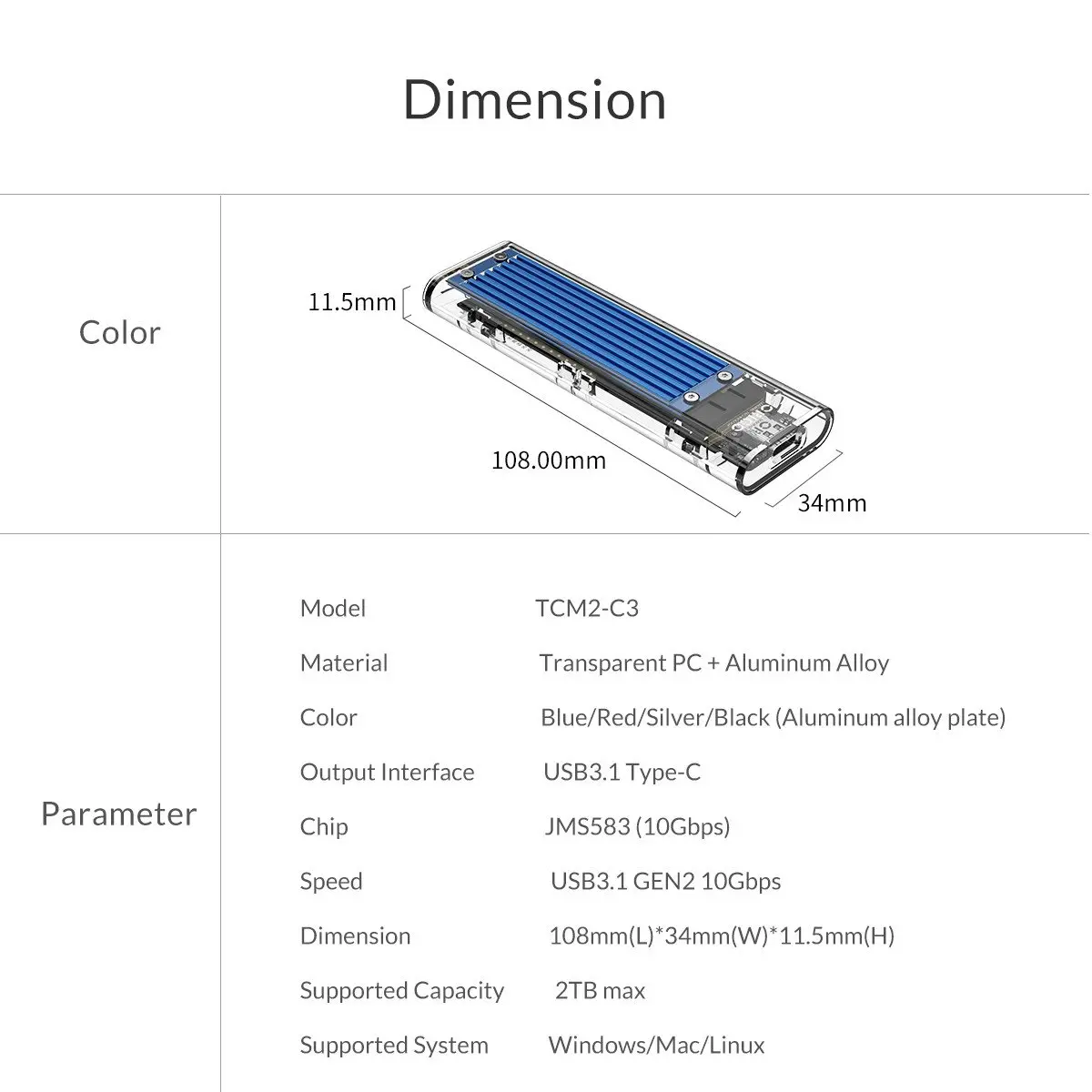 Orico външна кутия за диск Storage - Case - M.2 NVMe M key - USB3.1 Type-C - TCM2-C3-BK - image 19