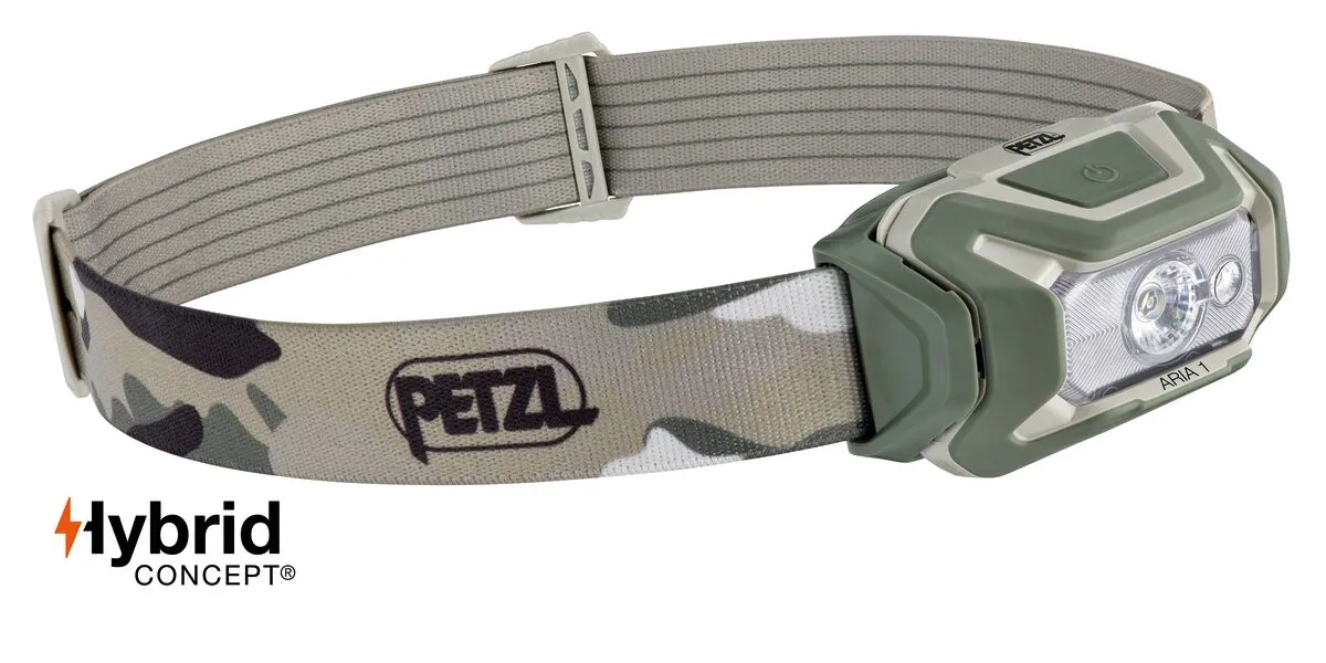 Lanternă frontală PETZL ARIA 1 RGB, 350 lumeni, Camuflaj