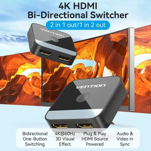 Vention Разклонител превключвател HDMI 2.0 Switcher/Splitter 2-Port Bi-Direction 4K Black - AKOB0 - image 5