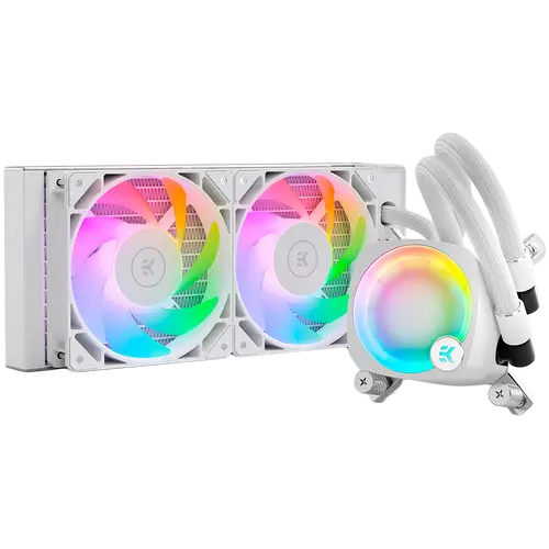 EK-Nucleus AIO CR240 Lux D-RGB - White, 2x EK-FPT FAN 120 D-RGB PWM fans, Rotatable ARGB Pump Top, Intel Sockets LGA: 1150, 1151, 1155, 1156, 1200, 1700, 2011, 2011-3, 2066, AMD Sockets: AM4, AM5, 5 Year Warranty