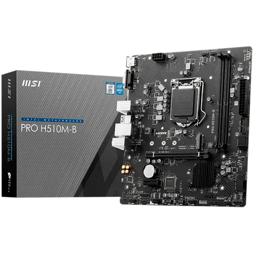 MSI PRO H510M-B DDR4, mATX, Chipset H470 (supports only 10th Intel processors), Socket 1200, Dual Channel DDR4 up to 2933MHz, 1x PCIe x16 slots, 1x M.2 slots, 1x HDMI, 1x VGA, 2x USB 3.2 Gen 1, 4x USB 2.0, 7.1 HD Audio, 1Gbps LAN, EZ Debug LED, 3Y