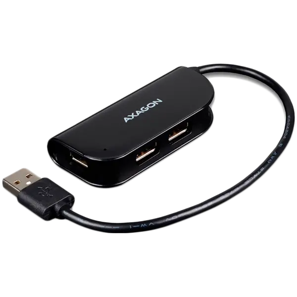 Handy four-port USB 2.0 hub with a permanently connected USB cable. Black.