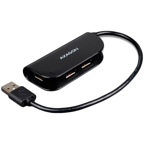 Handy four-port USB 2.0 hub with a permanently connected USB cable. Black.