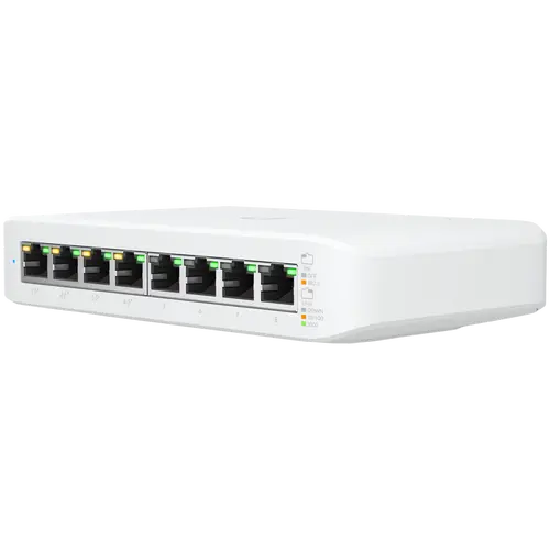 UBIQUITI Lite 8 PoE; (4) GbE PoE+, (4) GbE ports; 52W total PoE availability; Wall mountable.