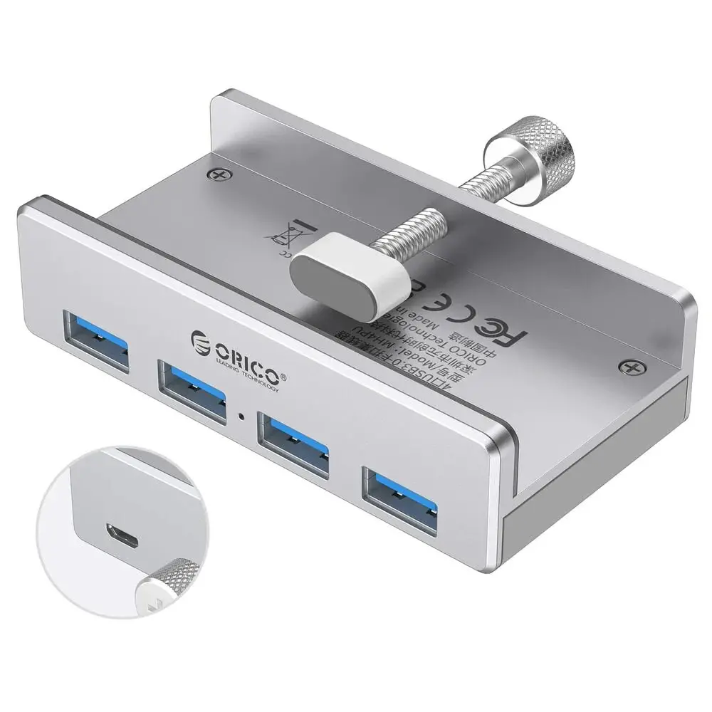 Orico hub USB 3.0 HUB Clip Type 4 port - intrare auxiliară de alimentare Micro-USB, din aluminiu - MH4PU-P-SV