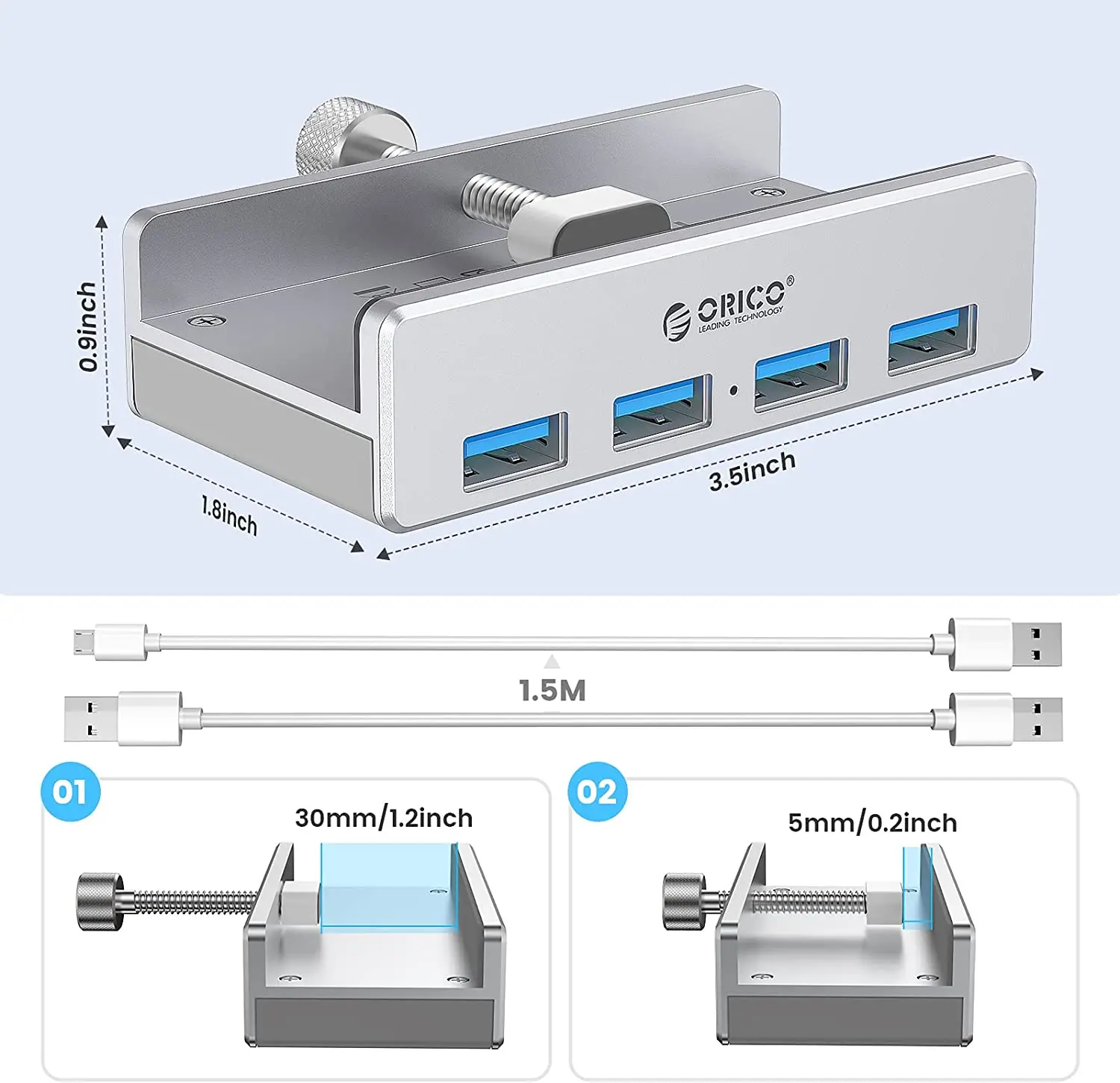 Orico хъб USB 3.0 HUB Clip Type 4 port - aux Micro-USB power input, Aluminum - MH4PU-P-SV - image 4
