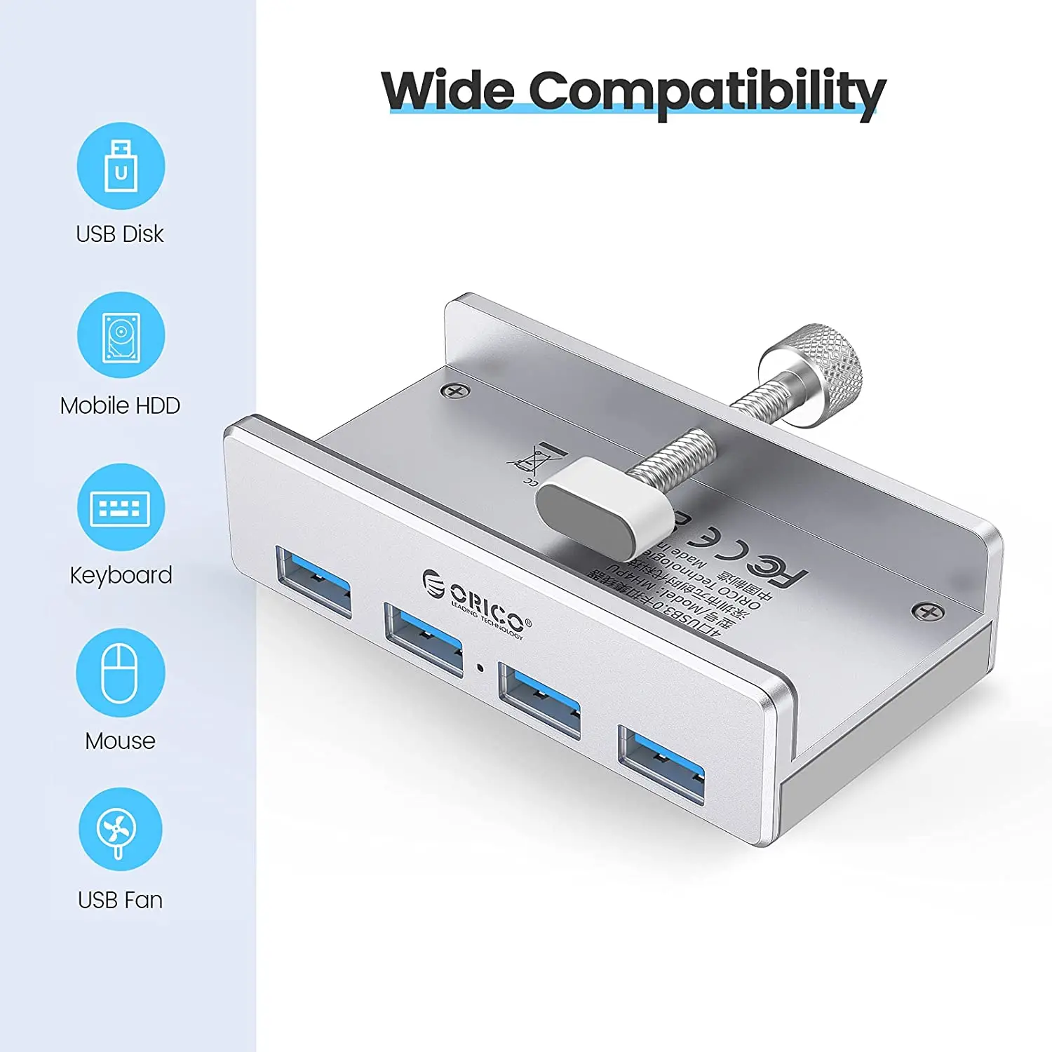 Orico хъб USB 3.0 HUB Clip Type 4 port - aux Micro-USB power input, Aluminum - MH4PU-P-SV - image 5