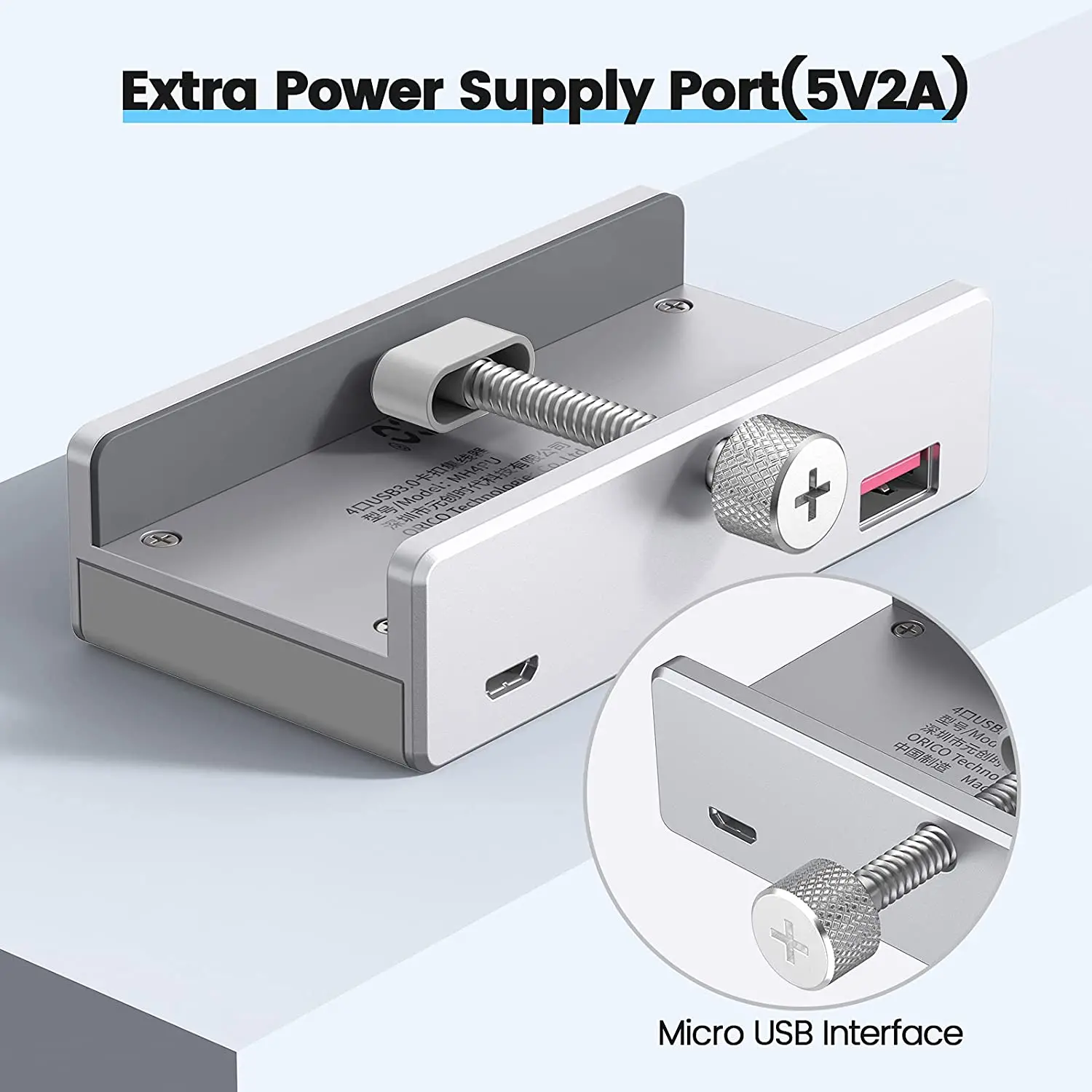 Orico хъб USB 3.0 HUB Clip Type 4 port - aux Micro-USB power input, Aluminum - MH4PU-P-SV - image 6