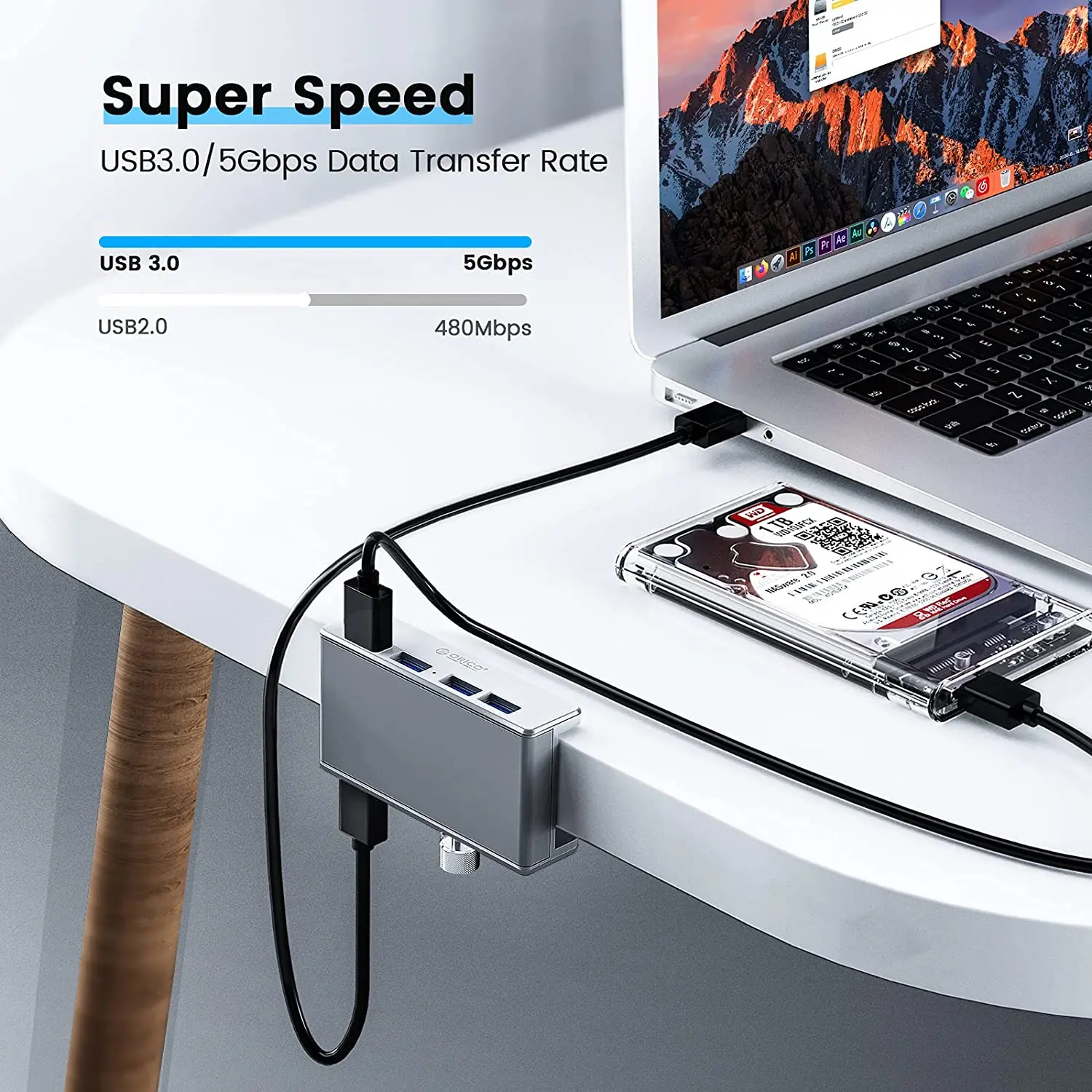 Orico хъб USB 3.0 HUB Clip Type 4 port - aux Micro-USB power input, Aluminum - MH4PU-P-SV - image 7