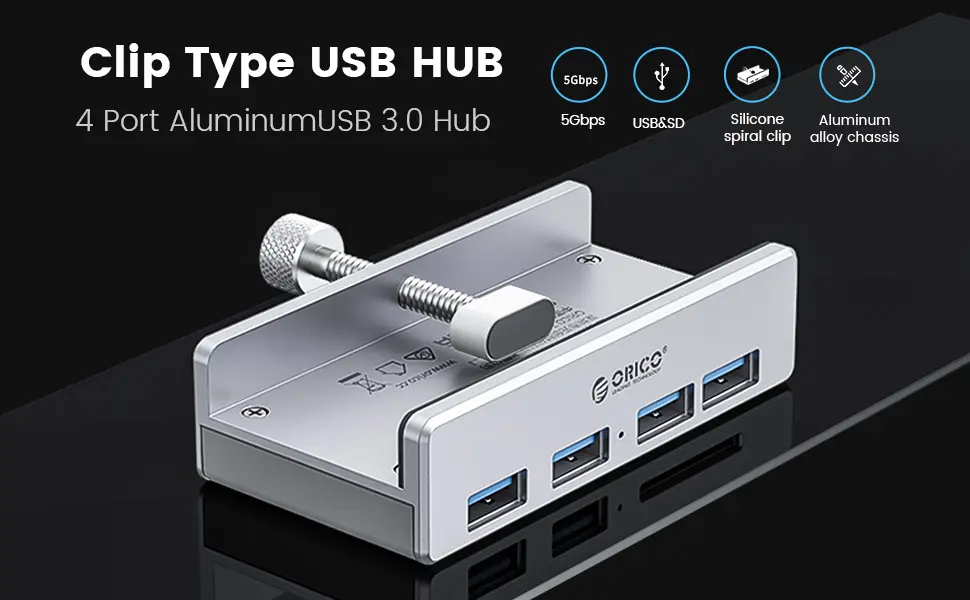 Orico хъб USB 3.0 HUB Clip Type 4 port - aux Micro-USB power input, Aluminum - MH4PU-P-SV - image 8