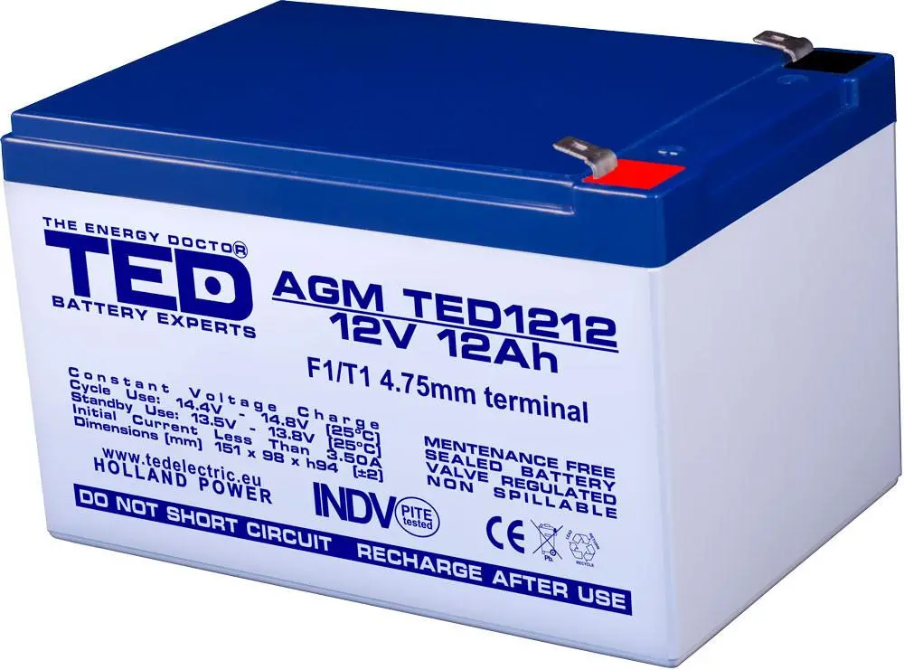 Μπαταρία μολύβδου TED ELECTRIC, 12V, 12Ah, 152/ 98/ 96 mm, AGM