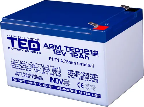 Baterie cu plumb TED ELECTRIC, 12V, 12Ah, 152/ 98/ 96 mm, AGM