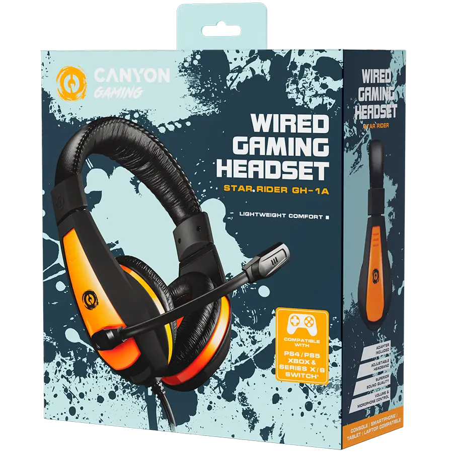 CANYON Star Raider GH-1A, Gaming headset 3.5mm jack with adjustable microphone and volume control, with 2in1 3.5mm adapter, cable 2M, Black, 0.23kg - image 1