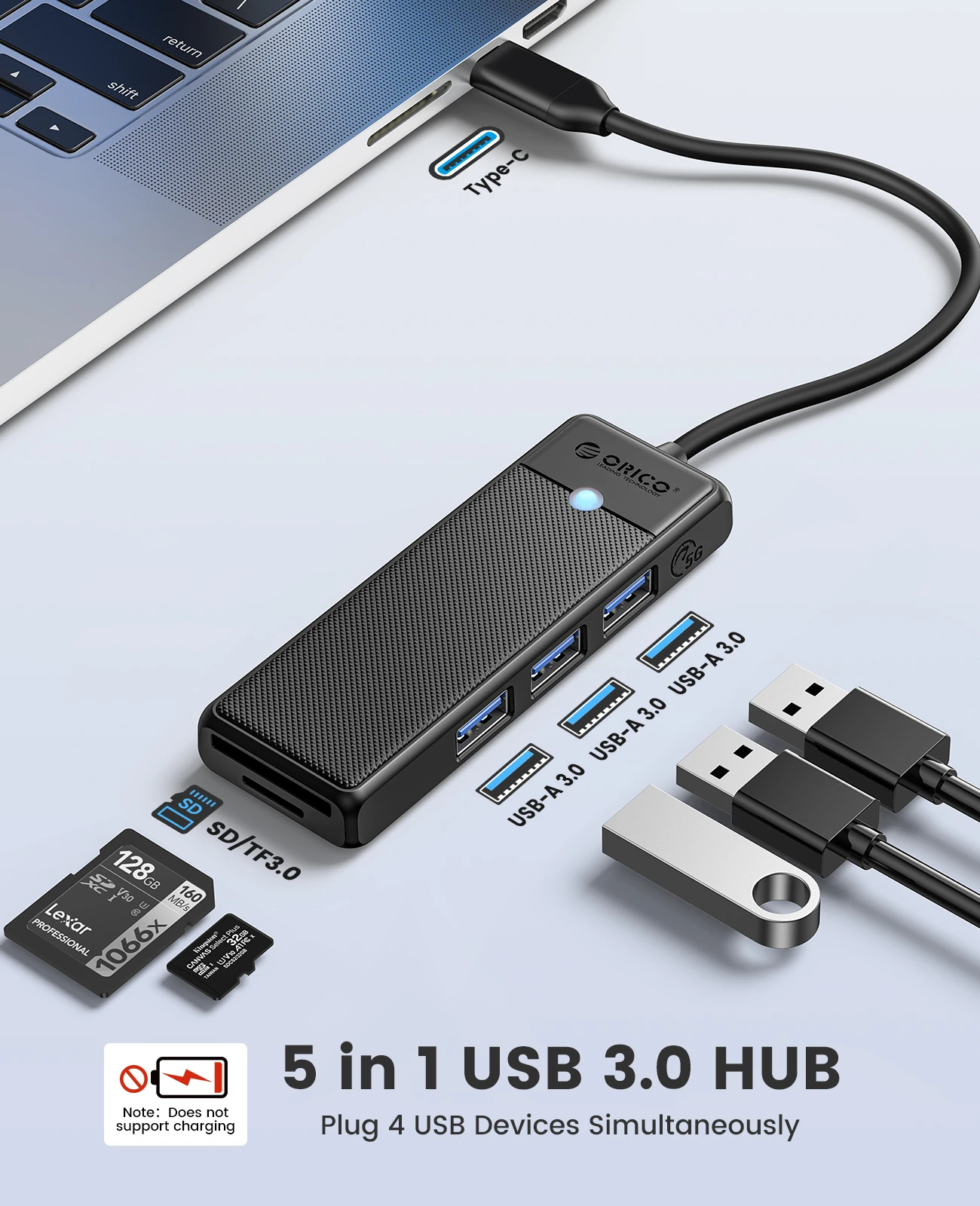 Orico хъб USB3.1 HUB Type-C - 3 x USB3.0, SD, TF - PAPW3AT-C3-015-BK - image 1