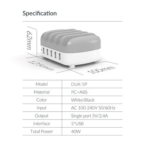 Orico σταθμός φόρτισης για κινητές συσκευές Charger Station 220V - 5 x USB 40W λευκό - DUK-5P-EU-WH - 17
