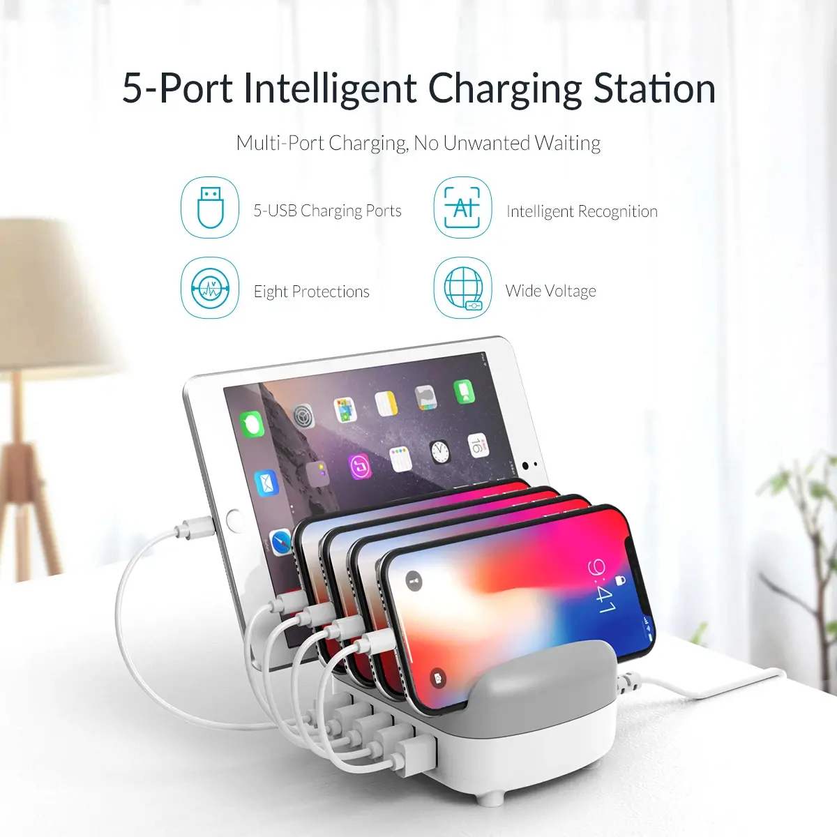 Orico зарядна станция за мобилни устройства Charger Station 220V - 5 x USB 40W White - DUK-5P-EU-WH - image 4