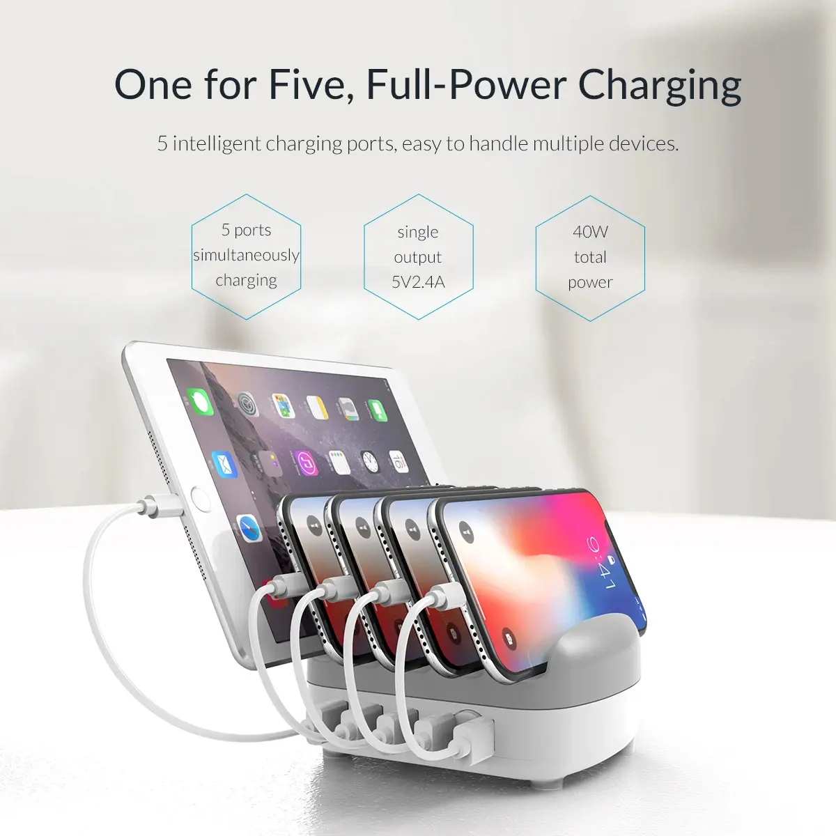 Orico зарядна станция за мобилни устройства Charger Station 220V - 5 x USB 40W White - DUK-5P-EU-WH - image 6