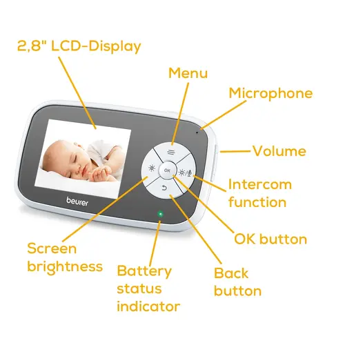 Бебефон, Beurer BY 110 video baby monitor,  2.8" LCD colour display,infrared night vision function,4 gentle lullabies,Intercom function,Motion and sound alarm,Range of up to 300 m,The monitor is compatible with up to 4 cameras - image 3