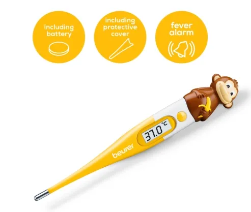 Термометър, Beurer BY 11 Monkey clinical thermometer, Contact-measurement technology,temperature alarm as from 37.8 C°, Display in C° and F°,Flexible measuring tip;Protective cap; Waterproof tip and display