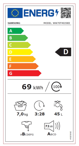 Пералня, Samsung WW70T4020EE/LE, Washing machine 7kg, 1200 rpm, Energy Efficiency D, Digital Inverter Technology, Spin Efficiency B, Hygiene Steam, White - image 10