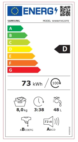 Пералня, Samsung WW80T4520TE/LE,  Washing Machine, 8kg, 1200 rpm,  Energy Efficiency D, Add Wash, Steam Hygiene, Drum Clean, Spin Efficiency B, White - image 10