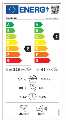 Пералня със сушилня, Samsung WD80T4046CX/LE, Washing Machine/Dryer, 8/5kg, 1400rpm, Energy Efficiency C/E, Spin Efficiency B, LED Display, Eco Bubble, Bubble Soak, Air Wash, Hygiene Steam, Stainless steel, Black door - image 8