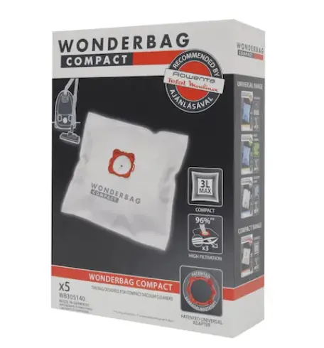 Σακούλα για ηλεκτρική σκούπα, Rowenta WB305140, Wonderbag Compact, σακούλες σκούπας, σετ 5 σακούλες + 1 δακτύλιος προσαρμογέα, 3 στρώσεων, καθολική - 1