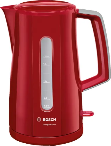 Електрическа кана, Bosch TWK3A014, Plastic kettle, CompactClass, 2000-2400 W, 1.7 l, Red