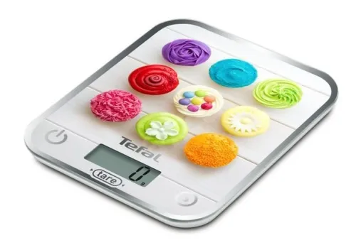 Везна, Tefal BC5122V1 Optiss Delicious Cupcakes, ultra slim glass, 5 kg / 1g/ml graduation, tara, liquid function, 2 batteries LR03 AAA included, new markings on product - image 1