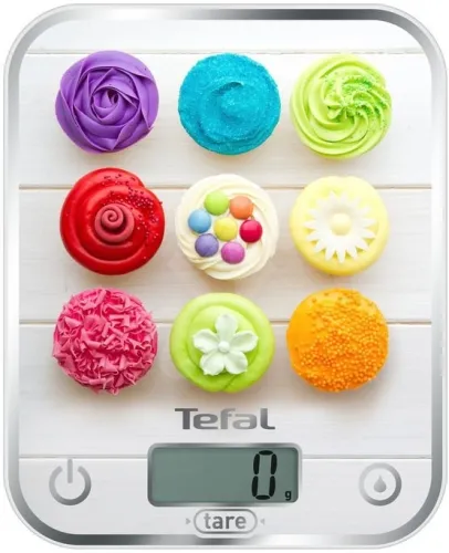 Везна, Tefal BC5122V1 Optiss Delicious Cupcakes, ultra slim glass, 5 kg / 1g/ml graduation, tara, liquid function, 2 batteries LR03 AAA included, new markings on product