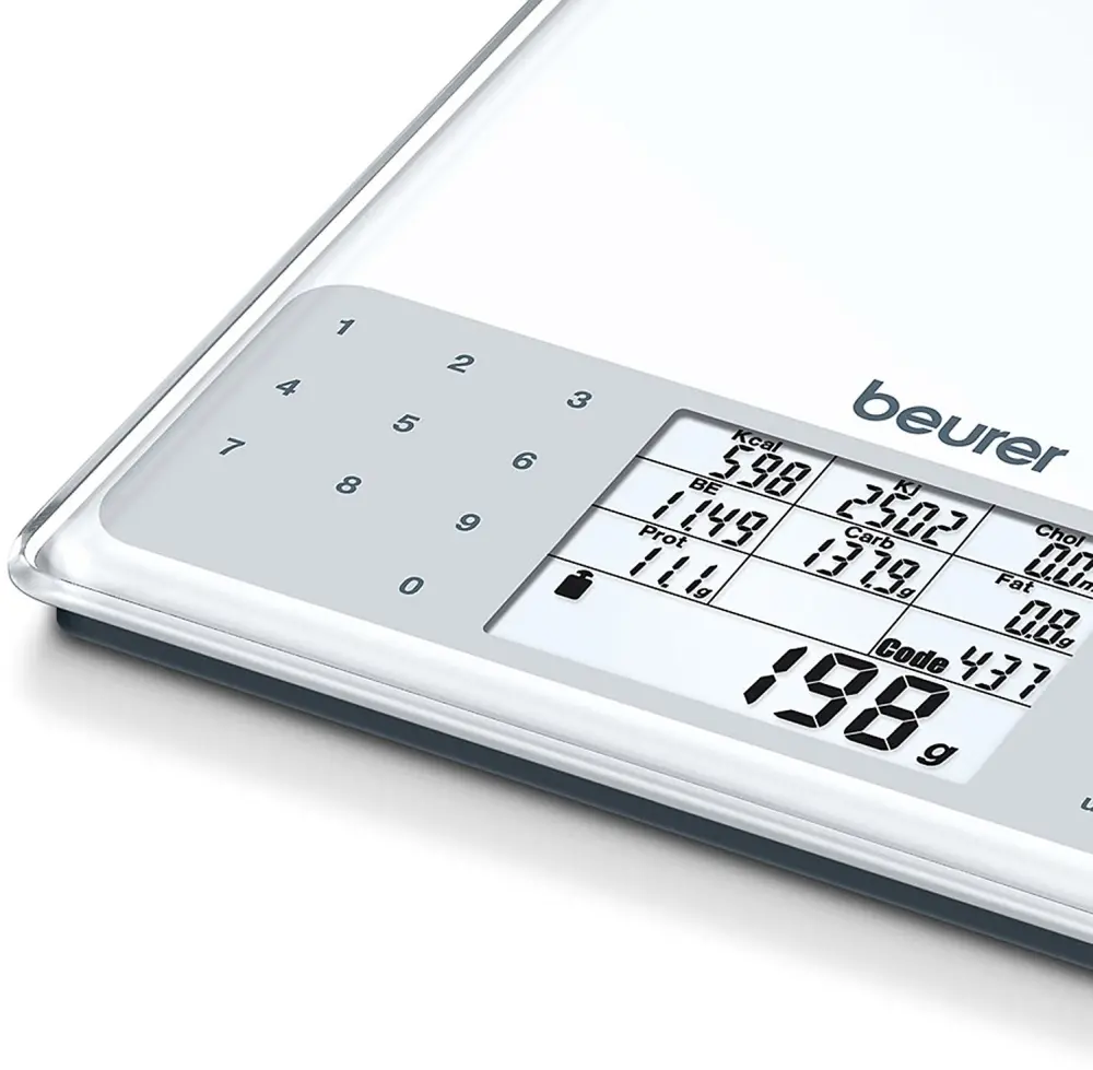 Cântar, Beurer DS 61 de analiză nutrițională; Valori nutriționale și energetice pentru 950 de alimente salvate (kcal, kJ, grăsimi, unități de pâine - image 1