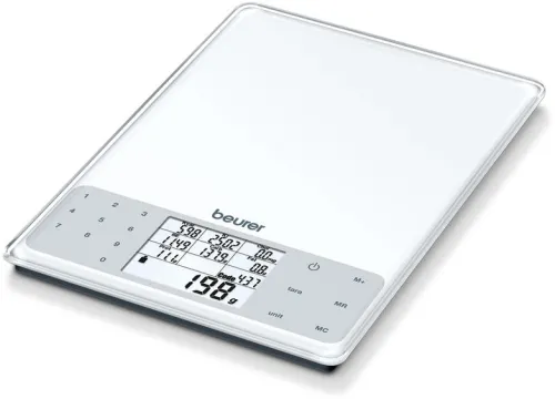 Везна, Beurer DS 61 nutritional analysis scale; Nutritional and energy values for 950 saved foods (kcal, kJ, fat, bread units, protein, carbohydrates and cholesterol) and space for 50 customisablememory spaces; 5 kg / 1 g
