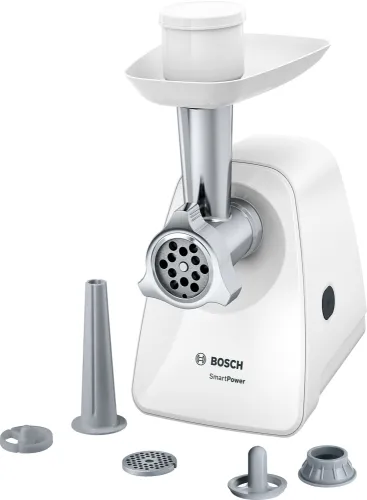 Месомелачка, Bosch MFW2520W, Meat mincer, SmartPower Meat mincer from SmartPower range: 1500W, 1,7 kg/min, 2 sieves, 1 sausage horn, kebbe attachment, no reverse, white - image 1