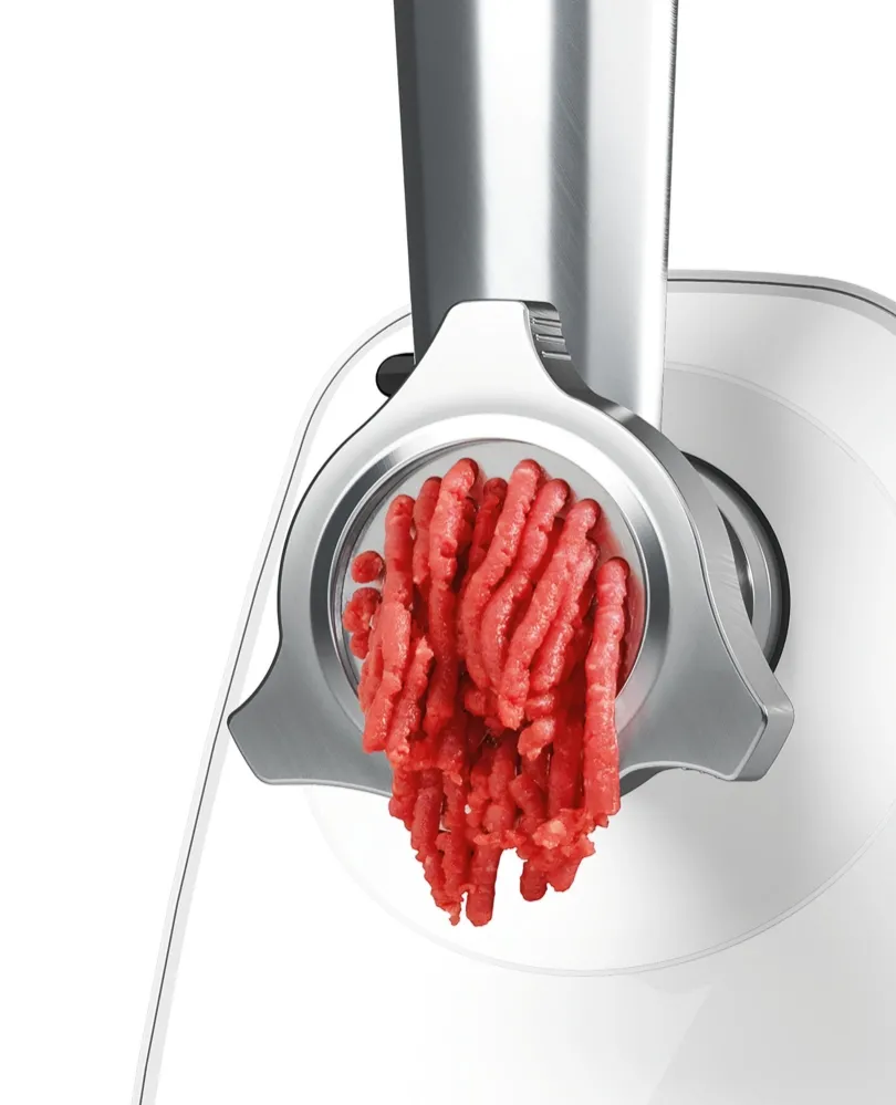 Месомелачка, Bosch MFW2520W, Meat mincer SmartPower; 350W - 1500W; Discs: 3.8/ 8 mm; Sausage attachment; Attachment for kibbutz / meatballs; Out: 1.7kg/min; White - image 2