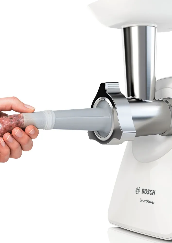 Месомелачка, Bosch MFW2520W, Meat mincer SmartPower; 350W - 1500W; Discs: 3.8/ 8 mm; Sausage attachment; Attachment for kibbutz / meatballs; Out: 1.7kg/min; White - image 5