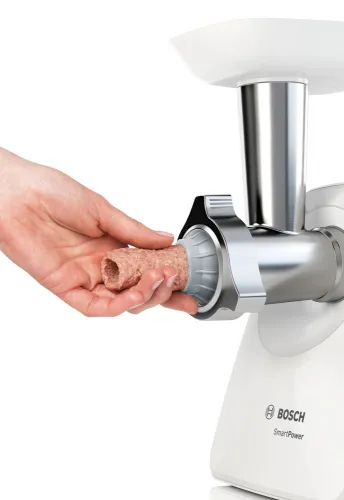 Месомелачка, Bosch MFW2520W, Meat mincer, SmartPower Meat mincer from SmartPower range: 1500W, 1,7 kg/min, 2 sieves, 1 sausage horn, kebbe attachment, no reverse, white - image 6