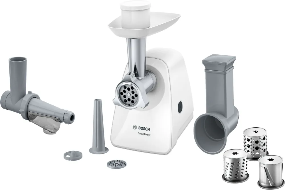 Месомелачка, Bosch MFW2517W Meat mincer SmartPower; 350W - 1500W; Discs: 3.8/ 8 mm, Sausage attachment; Shredding nozzle, 3 tanks; Fruit pressing attachment; Out: 1.7kg/min; White - image 1