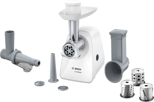 Месомелачка, Bosch MFW2517W, Meat mincer, SmartPower Meat mincer from SmartPower range: 1500W, 1,7 kg/min, 2 sieves, 1 sausage horn, fruit press attachment, shredder with 3 barrels, no reverse, white - image 1