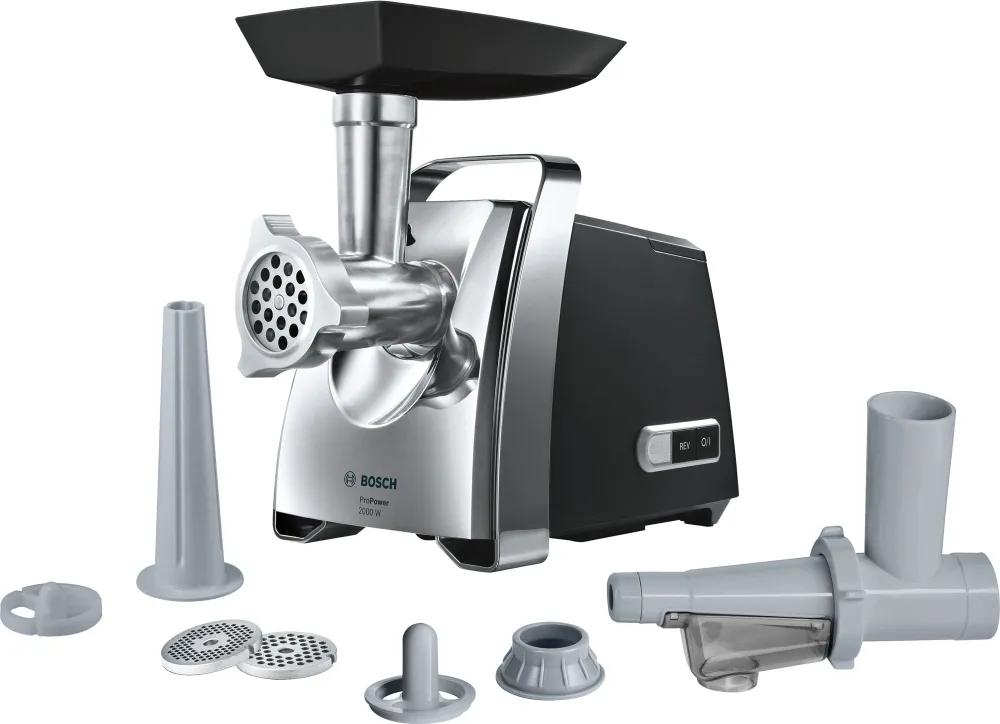 Месомелачка, Bosch MFW67450, Meat mincer ProPower, 700W - 2000W, Discs: 3 / 4,8 / 8 mm; Sausage attachment; Attachment for kibbutz / meatballs; Fruit pressing attachment; Out: 3.5kg/min, Black