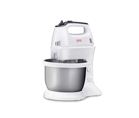 Mixer, Tefal HT312138, Quick mix mixer de mână cu bol, 300 W, 5 viteze + turbo, 2 tel-uri, 2 cârlige de frământat, bol rotativ automat, alb & inox bol