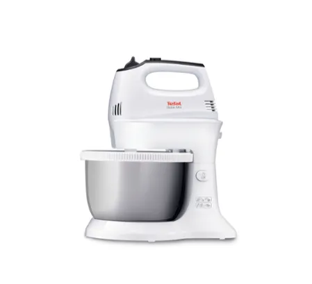 Миксер, Tefal HT312138, Quick mix Hand Mixer with bowl, 300 W, 5 Speeds + turbo, 2 Beaters, 2 Dough hooks, automatic rotating bowl, white & inox standbowl - image 1