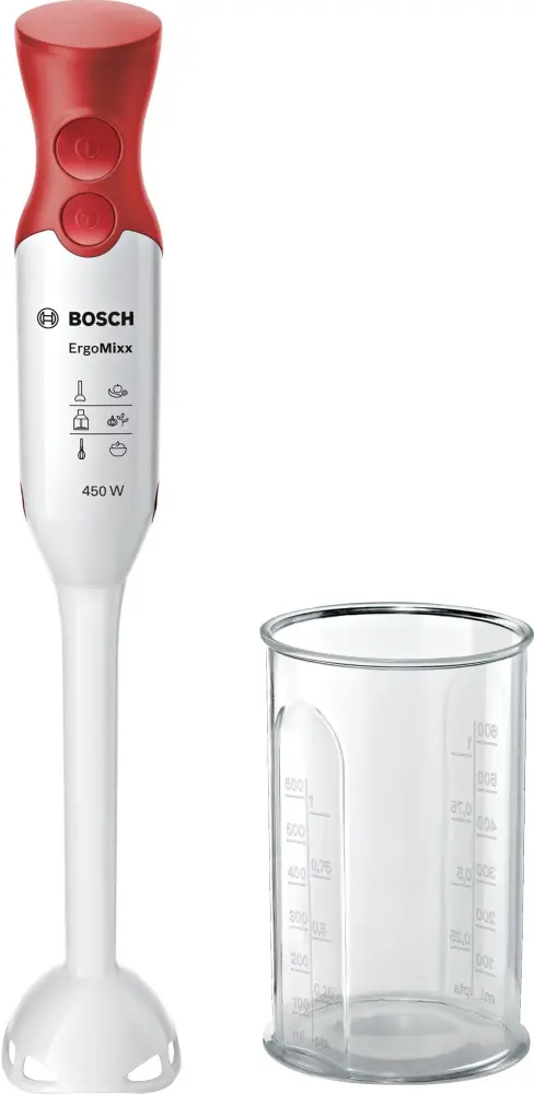 Μπλέντερ χειρός, Bosch MSM64010, Blender, ErgoMixx, 450 W, με διάφανη κανάτα, λευκό, κόκκινο